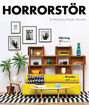 Horrorstor by Grady Hendrix book cover with image of yellow sofa with coffee table, bookcases, and pictures on wall