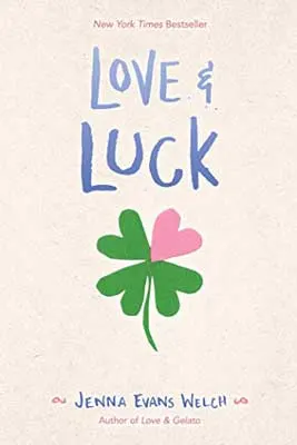 Love & Luck by Jenna Evans Welch book cover with four leaf clover but one heart is pink while the rest are green