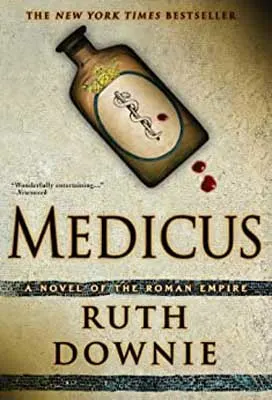 Medicus by Ruth Downie book cover with green transparent bottle and drips of red blood