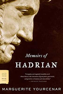 Memoirs of Hadrian by Marguerite Yourcenar book cover with bust of person's face with emphasis on their nose and mouth