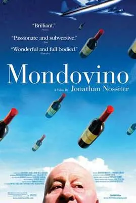 Mondovino Documentary Movie Poster with bottles of wine flying in sky overhead man with clouds