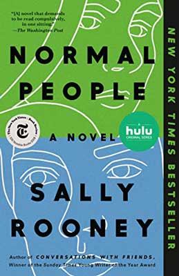 Normal People by Sally Rooney book cover with top part in green with woman's face drawn with white lines and bottom part light blue with sketched male's face