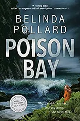 Poison Bay by Belinda Pollard book cover with person in orange jacket overlooking dark crashing waves