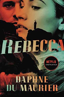 Rebecca by Daphne du Maurier book cover with two people's faces in sky with person standing on cliff and crashing waves