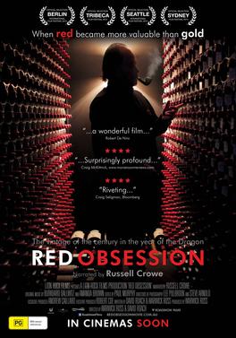 Red Obsession Documentary Film Poster with image of shadowed person looking through wine racks