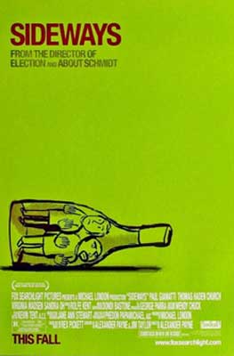 Sideways Film Poster with illustrated tipped over bottle with two people laying sideways in wine bottle