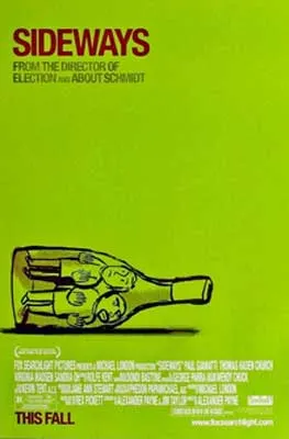 Sideways Film Poster with illustrated tipped over bottle with two people laying sideways in wine bottle