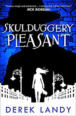 Skulduggery Pleasant by Derek Landy book cover with white silhouette of woman walking through city with street lamps and shadow of person hovering over her