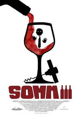 Somm 3 Documentary Film Poster with illustrated wine glass with cork next to it and red wine and person in glass