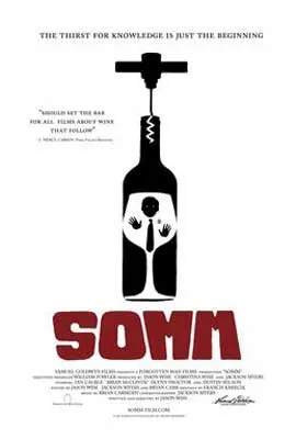 Somm Film Poster with bottle of wine with cork and wine glass in bottle