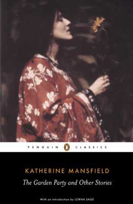 The Garden Party and Other Stories by Katherine Mansfield book cover with image of person in long red and white flowered robe