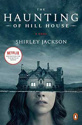 The Haunting Of Hill House by Shirley Jackson book cover with water and home covering half of a person's face all hued gray
