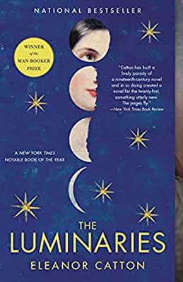 The Luminaries by Eleanor Catton book cover with white face in four different shapes of the moon and yellow stars on blue background
