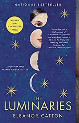 The Luminaries by Eleanor Catton book cover with white face in four different shapes of the moon and yellow stars on blue background