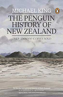 The Penguin History of New Zealand by Michael King book cover with grayish landscape and mountains with sky