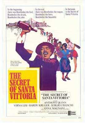 The Secret of Santa Vittoria Movie Poster with illustrated line of people with man in purple outfit holding wine bottle over his head