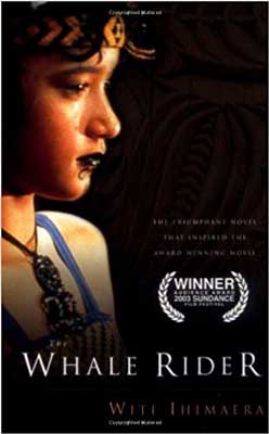 The Whale Rider by Witi Ihimaera book cover with image of person looking to the side wearing necklace in blue tank