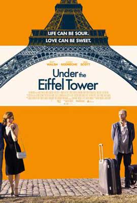 Under the Eiffel Tower Movie Poster with Eiffel Tower and man with luggage and woman underneath it