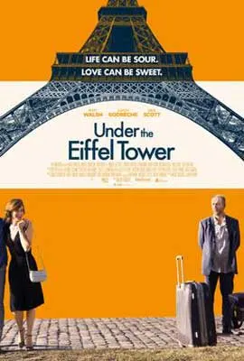 Under the Eiffel Tower Movie Poster with Eiffel Tower and man with luggage and woman underneath it