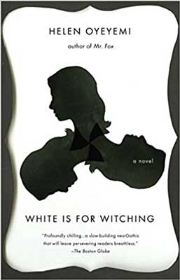 White Is For Witching by Helen Oyeyemi book cover with silhouette of person and two other heads coming out in side like a collar