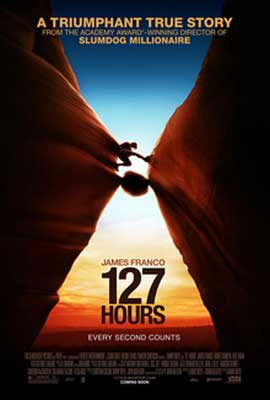 127 Hours Movie Poster with image of man jumping between two high and angled rock formations with orange and blue sky