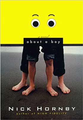 About a Boy by Nick Hornby book cover with bottom half of young boy and man wearing rolled up jeans