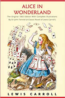 Alice in Wonderland by Lewis Carroll book cover with Illustrated young girl wearing blue dress with apron and playing cards flying into the air