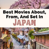 Best Japanese Movies and Movies About Japan with photo of Kyoto residences in the spring with trees blossoming with pink flowers