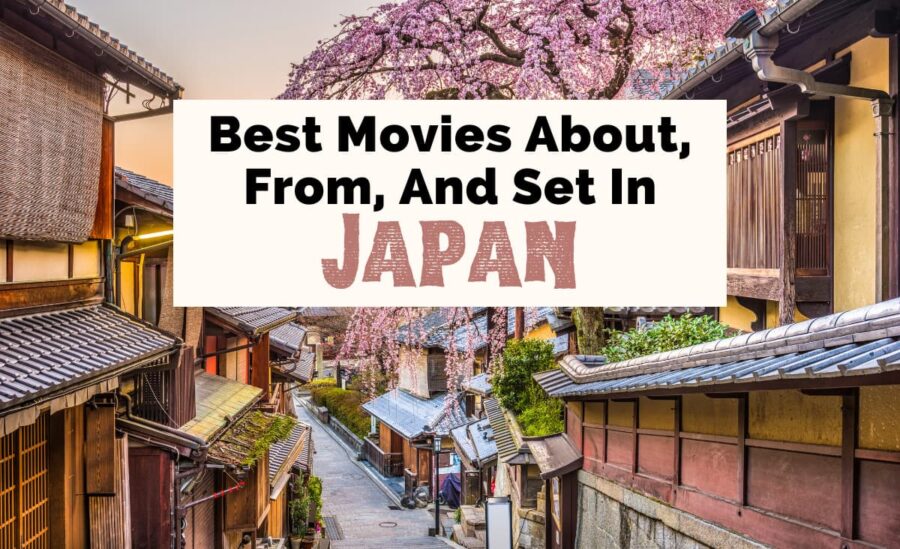 Best Japanese Movies and Movies About Japan with photo of Kyoto residences in the spring with trees blossoming with pink flowers