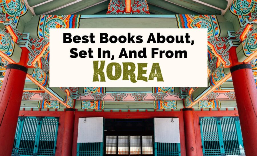 Books About Korea and Korean Culture with traditional and colorful Korean architecture with blue, green and red structure with opening and windows