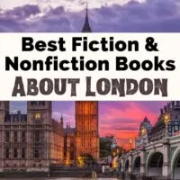 Books About London and London Books with photo of Big Ben and Westminster Abbey at sunset with pink and purple sky