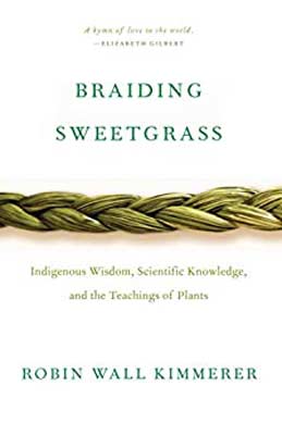 Braiding Sweetgrass by Robin Wall Kimmerer book cover with golden brain on white background