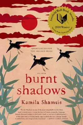 Burnt Shadows by Kamila Shamsie book cover with three black birds flying with red cloud sky and green leaves