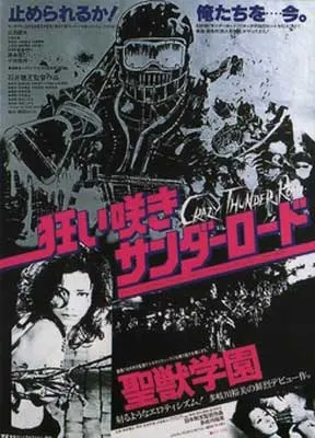 Crazy Thunder Road Movie Poster with black and white image of person and human in fight gear with pink movie title