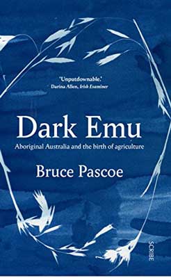 Dark Emu by Bruce Pascoe book cover with blue background and white nature-y stems
