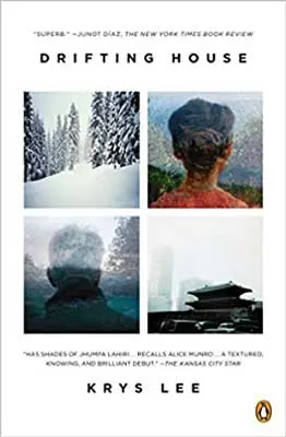 Drifting House by Krys Lee book cover with four squares with images of man, woman, building, and snowy forest