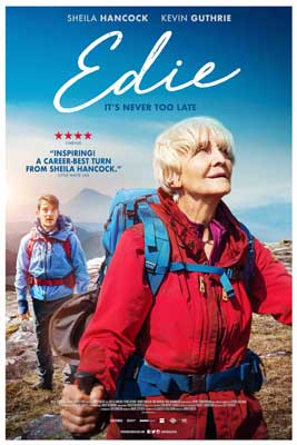 Edie Film Poster with young boy standing behind an older person in a red jacket with blue hiking backpack