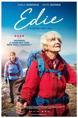 Edie Film Poster with young boy standing behind an older person in a red jacket with blue hiking backpack