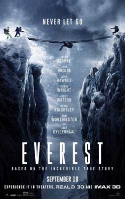 Everest Film poster with image of snowy and icy mountain with plane flying over a crevice in the mountain