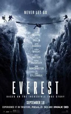Everest Film poster with image of snowy and icy mountain with plane flying over a crevice in the mountain