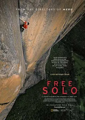 Free Solo Documentary Film Poster with person in red shirt hanging off side of tall rock