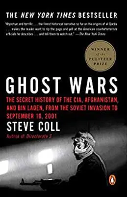 Ghost Wars by Steve Coll book cover with male with head covering holding a weapon