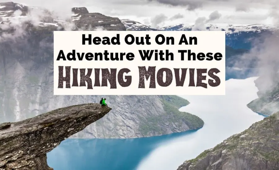 Hiking Movies and Movies About Backpacking with two people sitting on rock cliff overlooking snowy mountains and blue water