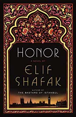 Honor by Elif Shafak book cover with intricate design with red, brown and yellow small flowers