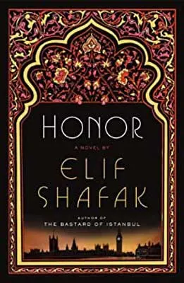 Honor by Elif Shafak book cover with intricate design with red, brown and yellow small flowers