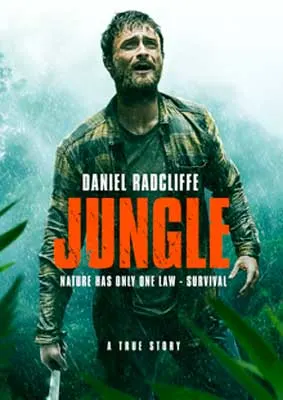 Jungle Movie Poster with white brunette male holding a knife and walking through blue-green jungle