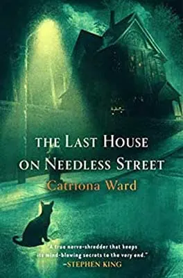 The Last House on Needless Street by Catriona Ward book cover with cat sitting on street with light shining down and green hue