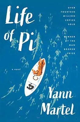Life of Pi by Yann Martel book cover with illustrated tiger on boat in middle of the ocean