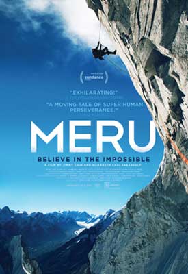 Meru documentary poster with person climbing up the side of gray white rock with blue sky and mountains