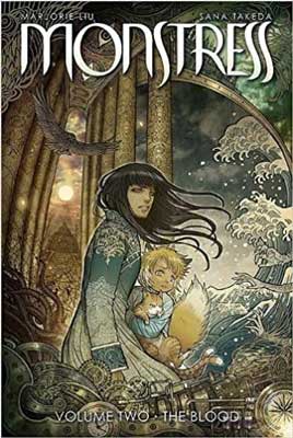 Monstress by Marjorie M. Liu book cover with illustrated young woman with crashing waves and fantastical setting